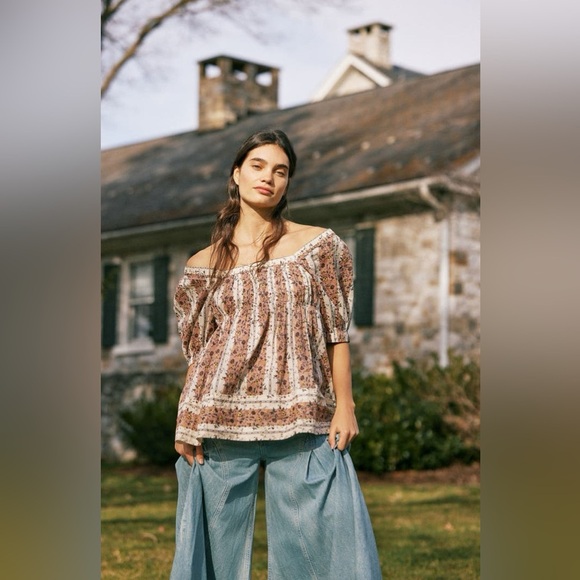 Free People Vintage Lover Cotton Top in Adobe Rose Combo - Size M - Picture 6 of 7